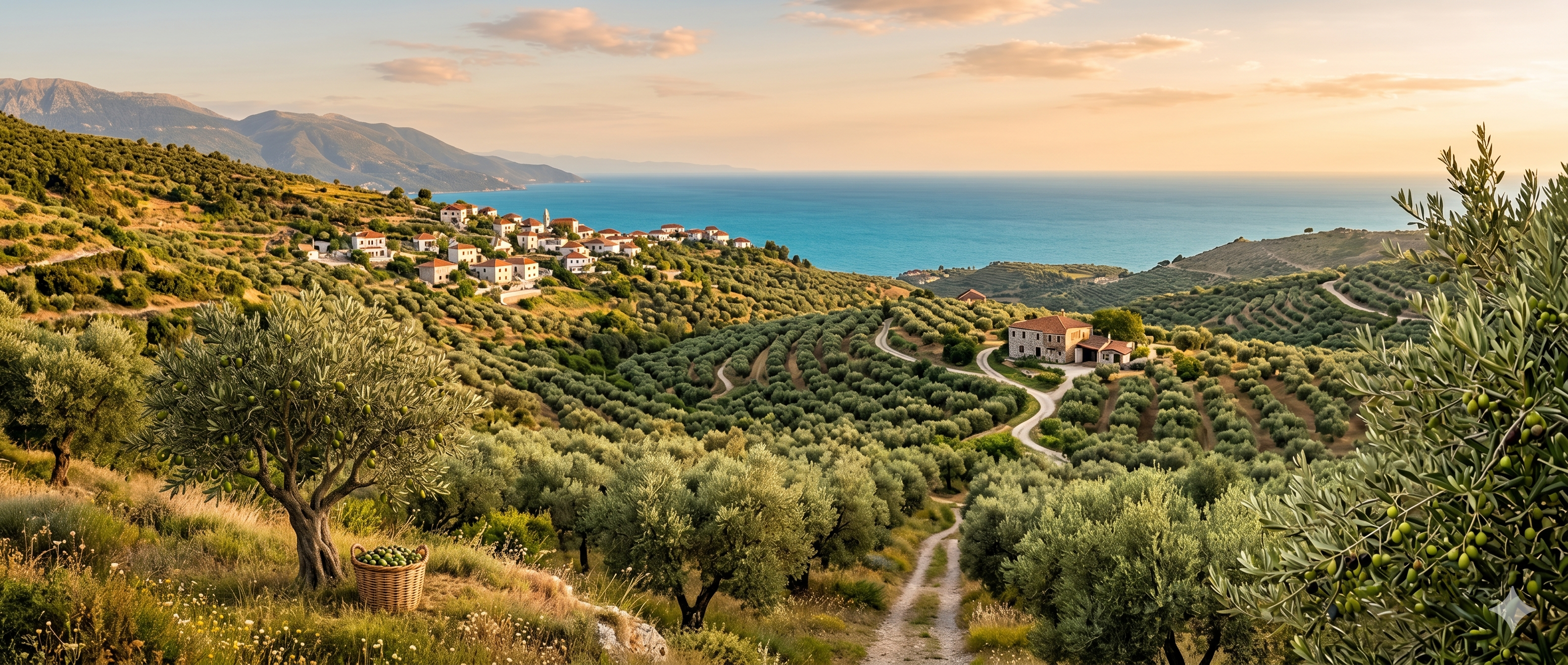 Hilly landscape with olive trees and houses near the coast at sunset.